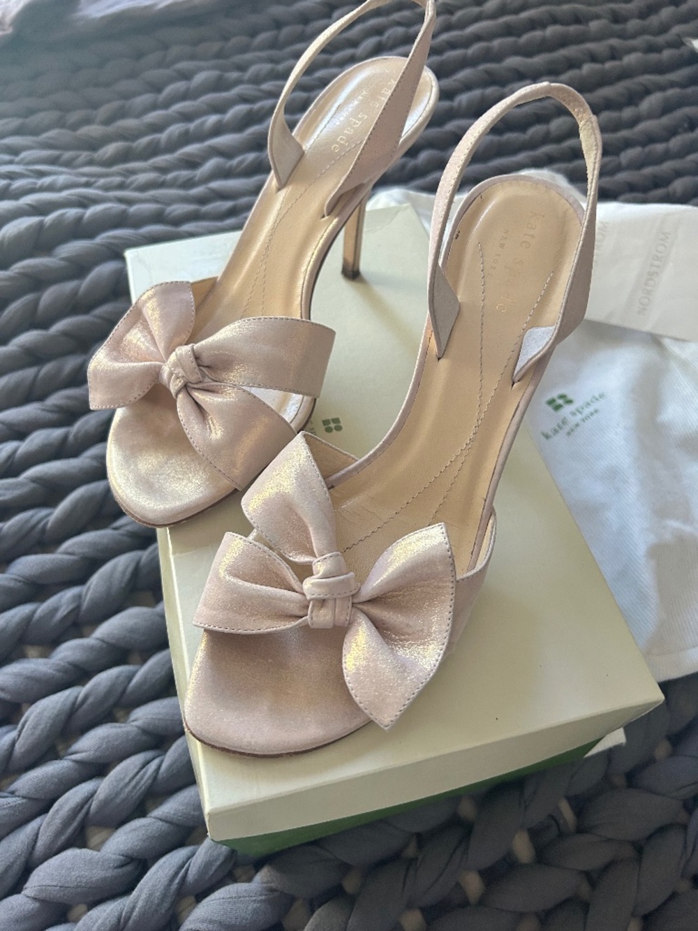 Kate Spade Lora Rose Gold Liquid Suede Open Toe Bow Slingback Heels 7.5